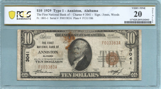 $10 National Currency 1929-T1 Ch#3041 - 1st NB, Anniston, AL - PCGS 20 Details