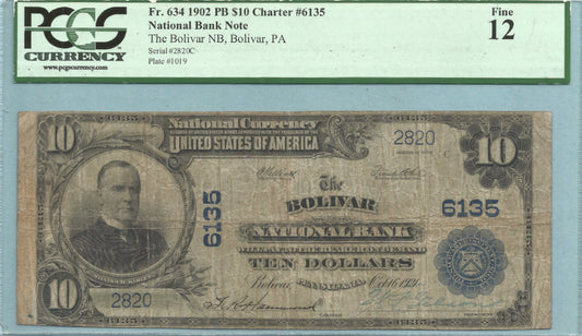 $10 National Currency 1902-PB - Ch#6135 - Bolivar NB, Bolivar, PA - PCGS 12