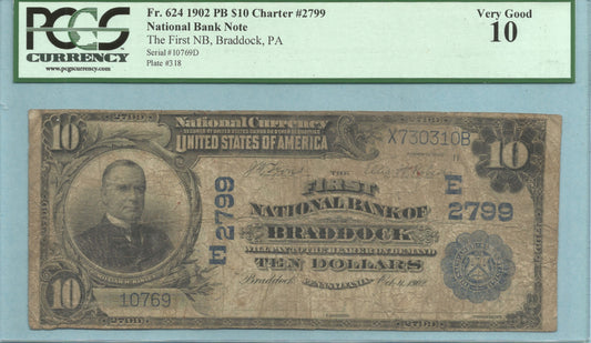 $10 National Currency 1902-PB - Ch#2799 - 1st NB, Braddock, PA - PCGS 10