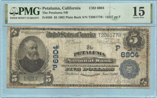 $5 National Currency 1902-PB - Ch#6904 - Petaluma NB, Petaluma, CA PMG 15 - Minor Repairs