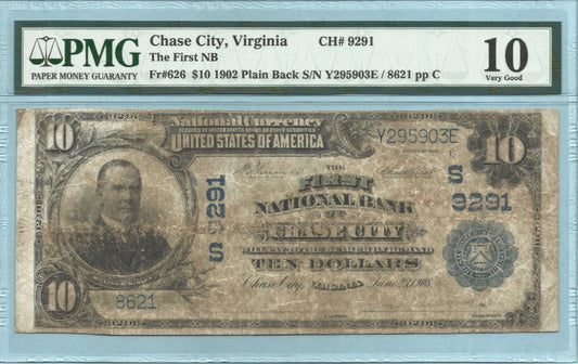 $10 National Currency 1902-PB - Ch#9291 - 1st NB, Chase City, VA - PMG 10