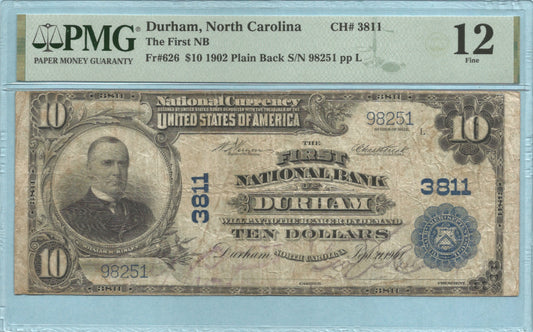 $10 National Currency 1902-PB - Ch#3811 - 1st NB, Durham, NC - PMG 12