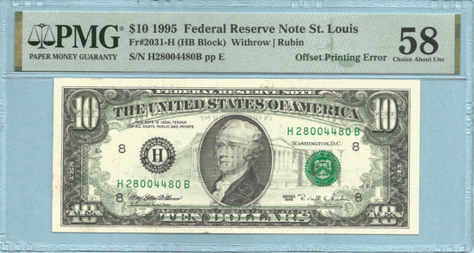 $10 Federal Reserve Note - 1995 - Fr#2031-H - PMG 58 - ERROR NOTE - Offset Printing