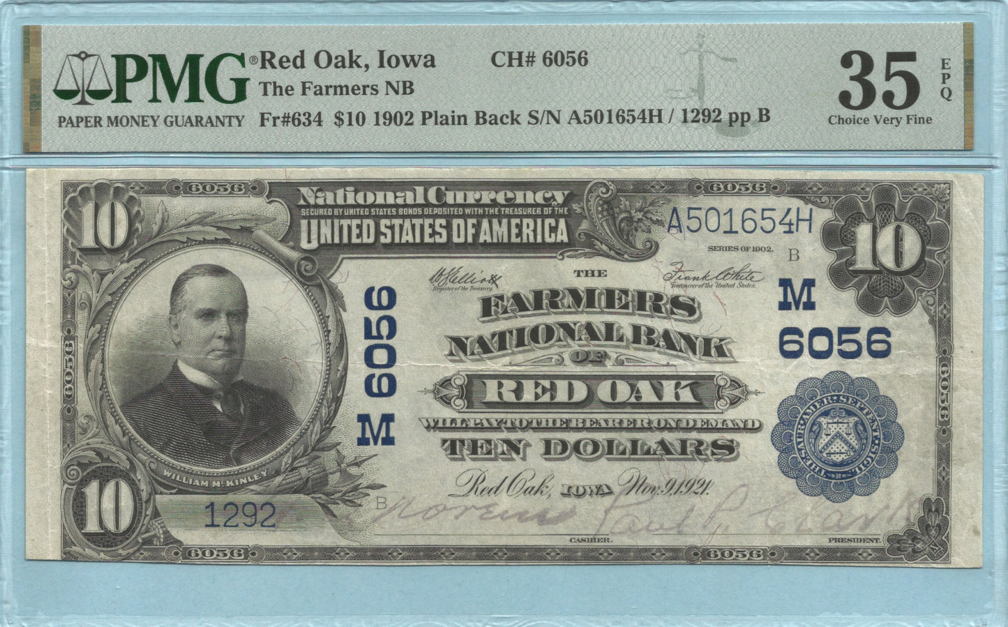 $10 National Currency 1902-PB - Ch#6056 - Farmers NB, Red Oak, IA - PMG 35 EPQ