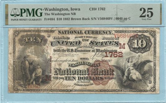 $10 National Currency 1882-BB - Ch#1762 - Washington NB, Washington, IA - PMG 25