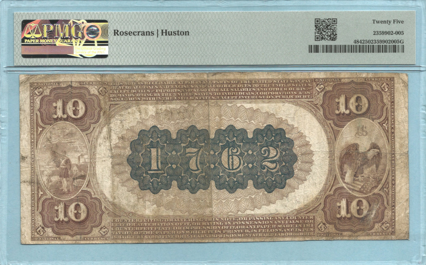 $10 National Currency 1882-BB - Ch#1762 - Washington NB, Washington, IA - PMG 25