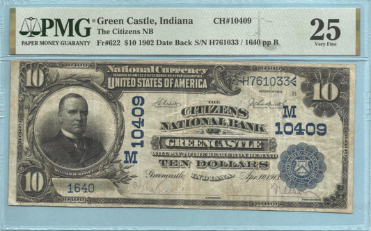 $10 National Currency 1920-DB - Ch#10409 - Citizens NB, Greencastle, IN - PMG 25