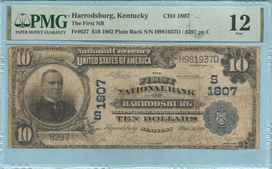 $10 National Currency 1902-PB - Ch#1807 - 1st NB, Harrodsburg, KY - PMG 12