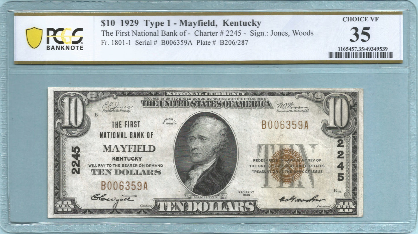 $10 National Currency 1929-T1 - Ch#2245 - 1st NB, Mayfield, KY - PCGS 35