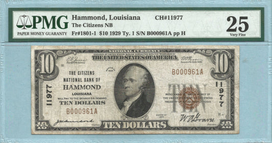 $10 National Currency 1929-T1 - Ch#11977 - Citizens NB, Hammond, LA - PMG 25