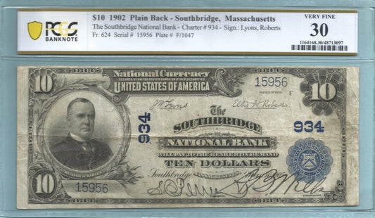 $10 National Currency 1902-PB - Ch#934 - Southbridge NB, Southbridge, MA - PCGS 30