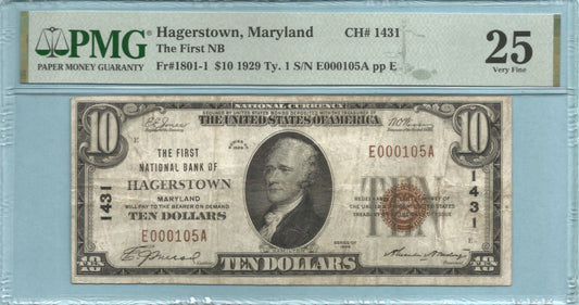$10 National Currency 1929-T1 - Ch#1431 - 1st NB, Hagerstown, MD - PMG 25