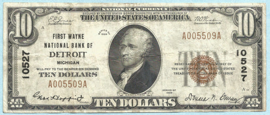 $10 National Currency 1929-T1 - Ch#10527 - 1st Wayne NB, Detroit, MI - 	VF+