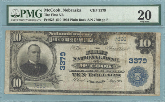 $10 National Currency 1902-PB - Ch#3379 - 1st NB, McCook, NE - PMG 20
