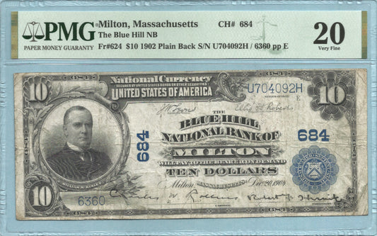 $10 National Currency 1902-PB - Ch#684 - Blue Hill NB, Milton, MA - PMG 20