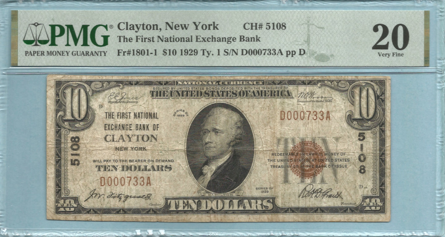 $10 National Currency 1929-T1 - Ch#5108 - 1st N Exchange Bank, Clayton, NY - PMG 20