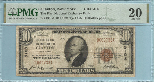 $10 National Currency 1929-T1 - Ch#5108 - 1st N Exchange Bank, Clayton, NY - PMG 20