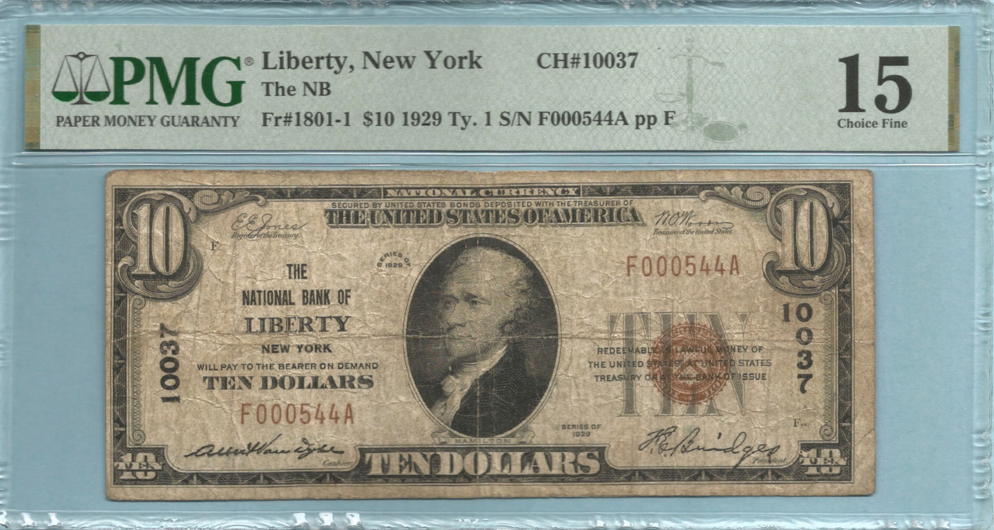 $10 National Currency 1929-T1 - Ch#10037 - National Bank, Liberty, NY - PMG 15