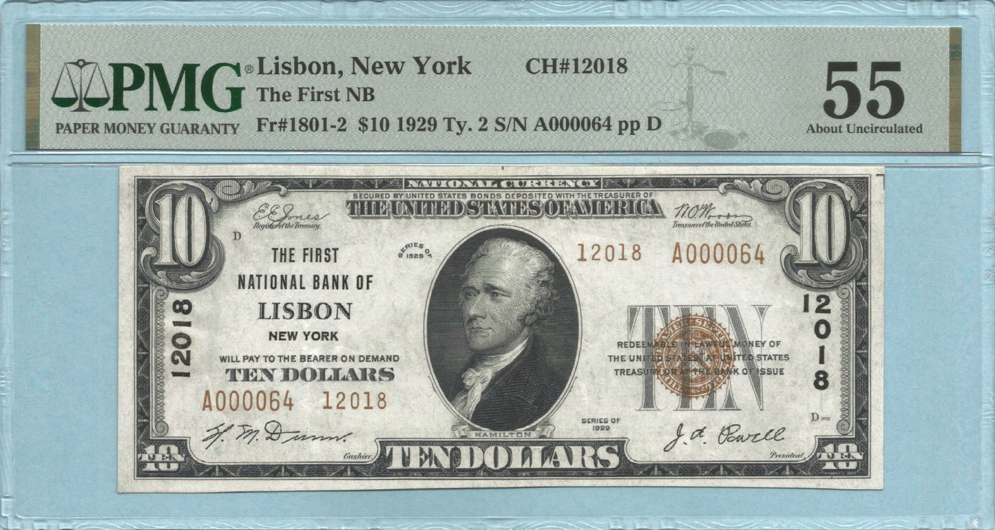 $10 National Currency 1929-T2 - Ch#12018 - 1st NB, Lisbon, NY - PMG 55