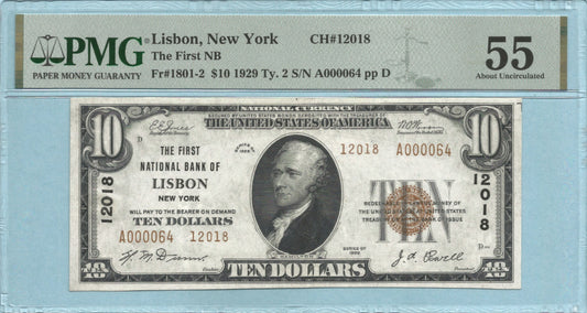 $10 National Currency 1929-T2 - Ch#12018 - 1st NB, Lisbon, NY - PMG 55