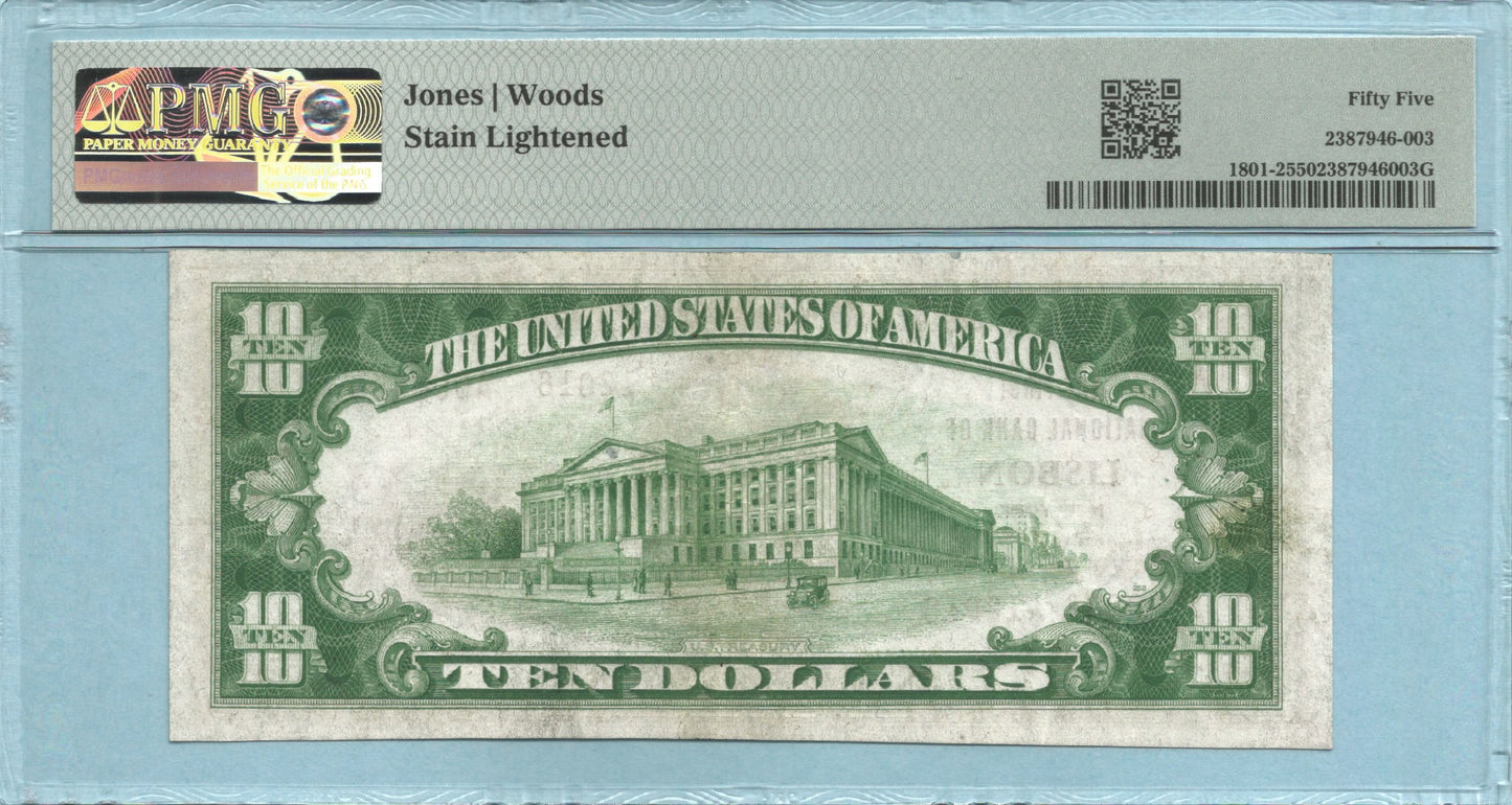 $10 National Currency 1929-T2 - Ch#12018 - 1st NB, Lisbon, NY - PMG 55