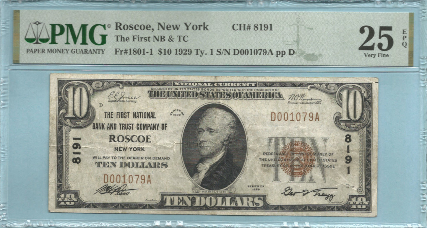 $10 National Currency 1929-T1 - Ch#8191 - 1st NB&TC, Roscoe, NY - PMG 25 EPQ