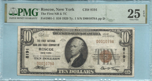 $10 National Currency 1929-T1 - Ch#8191 - 1st NB&TC, Roscoe, NY - PMG 25 EPQ