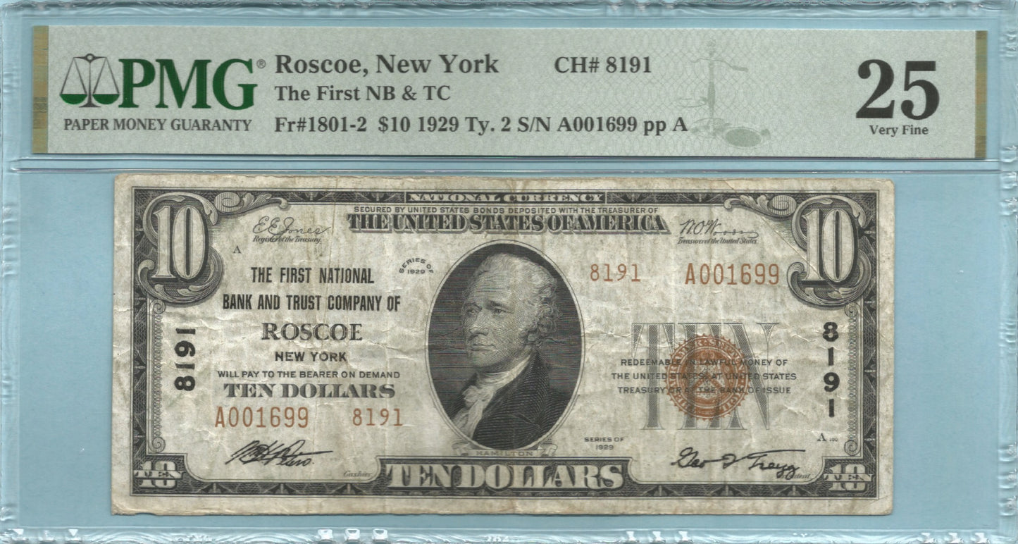 $10 National Currency 1929-T2 - Ch#8191 - 1st NB&TC, Roscoe, NY - PMG 25
