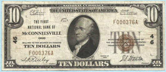 $10 National Currency 1929-T1 - Ch#46 - 1st NB, McConnelsville, OH - VF+