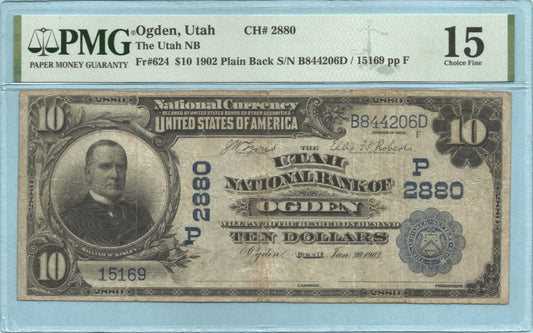 $10 National Currency 1902-PB - Ch#2880 - Utah NB, Ogden, UT - PMG 15