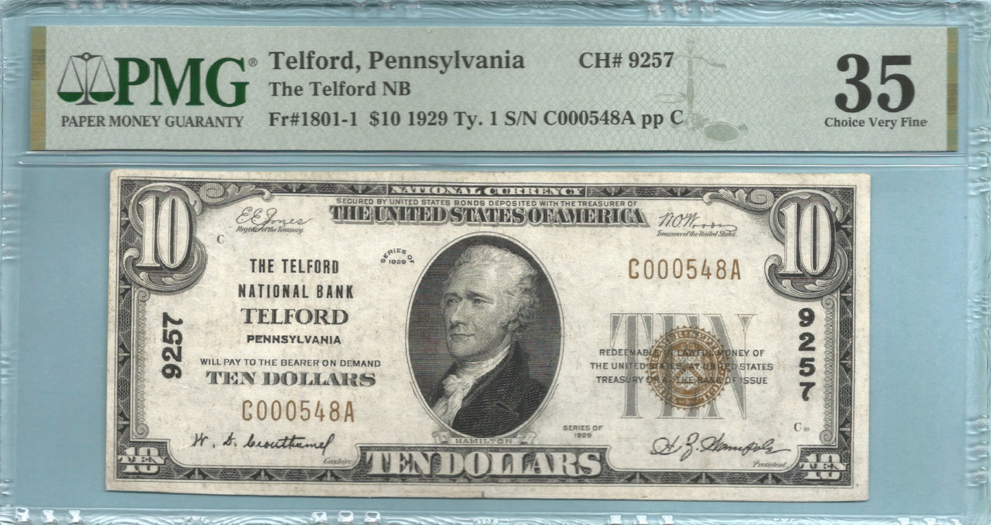 $10 National Currency 1929-T1 - Ch#9257 - Telford NB, Telford, PA - PMG 35