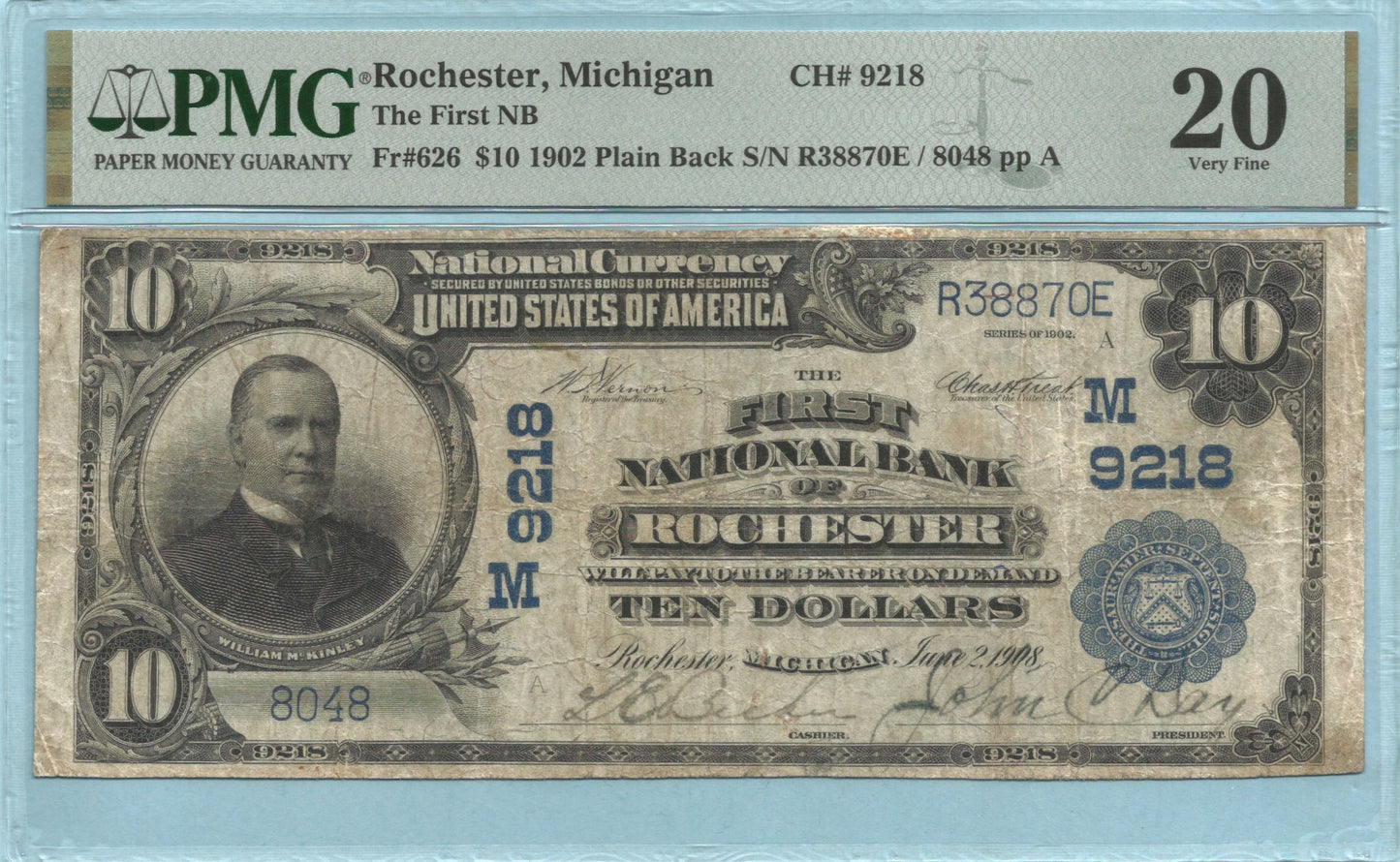 $10 National Currency 1902-PB - Ch#9218 - 1st NB, Rochester, MI - PMG 20
