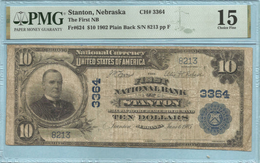 $10 National Currency 1902-PB - Ch#3364 - 1st NB, Stanton, NE - PMG 15
