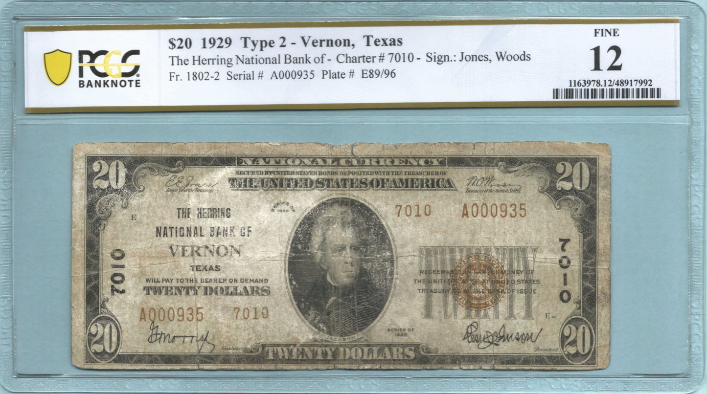 $20 National Currency 1929-T2 - Ch#7010 - Herring NB, Vernon, TX - PCGS 12