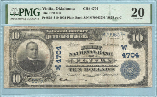 $10 National Currency 1902-PB - Ch#4704 - 1st NB, Vinita, OK - PMG 20
