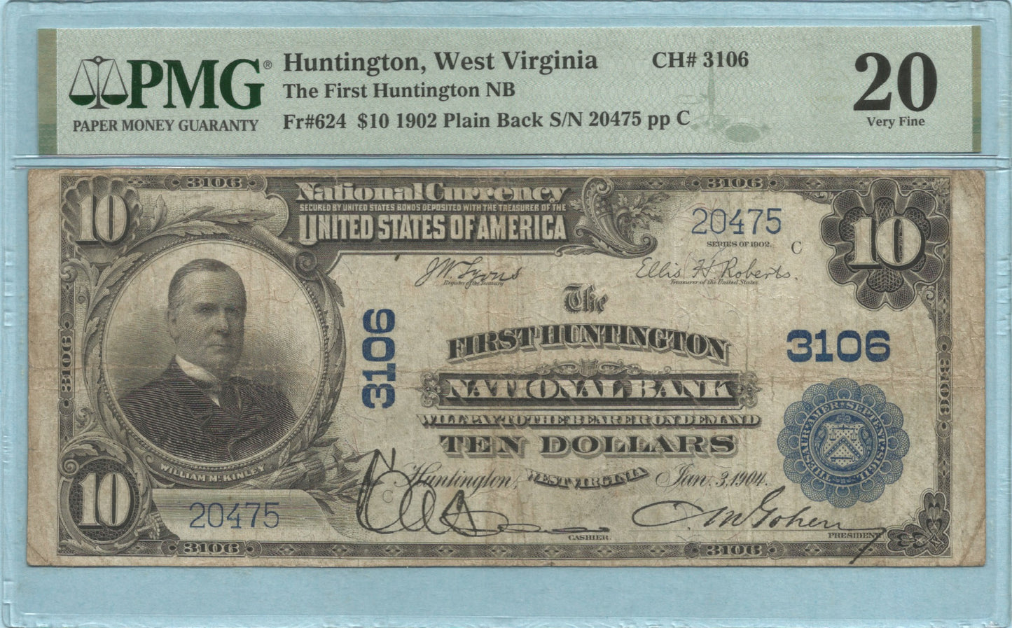 $10 National Currency 1902-PB - Ch#3106 - 1st Huntington NB, Huntington, WV - PMG 20