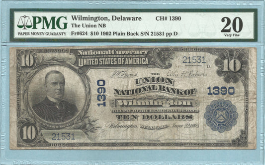 $10 National Currency 1902-PB - Ch#1390 - Union NB, Wilmington, DE - PMG 20