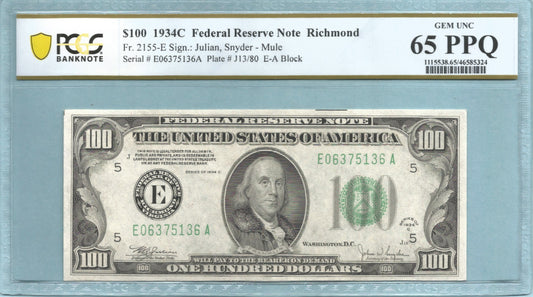 $100 Federal Reserve Note 1934-C - Fr#2155-E - PCGS 65 PPQ