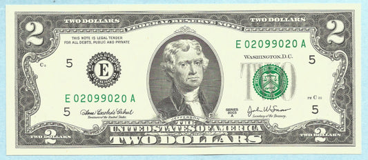$2 Federal Reserve Note - 2003-A - Fr#1938-E - GemUnc - Radar Serial# - 02099020