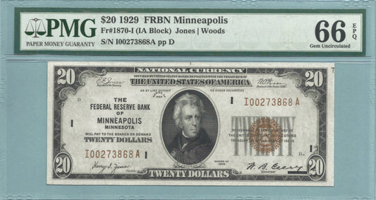$20  Federal Reserve Bank Note - 1929 - Fr#1870-I - PMG 66 EPQ - (I)Minneapolis