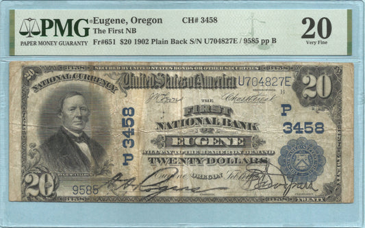 $20 National Currency 1902-PB - Ch#3458 - 1st NB, Eugene,OR - PMG 20