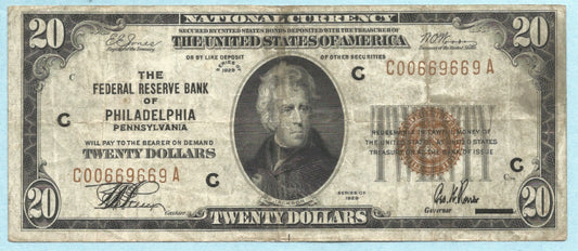 $20 Federal Reserve Bank Note - 1929 - Fr#1870-C - VF+ - (C)Philadelphia