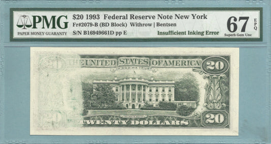 $20 Federal Reserve Note - 1993 - Error Note - PMG 67 EPQ - Insufficient Inking Error