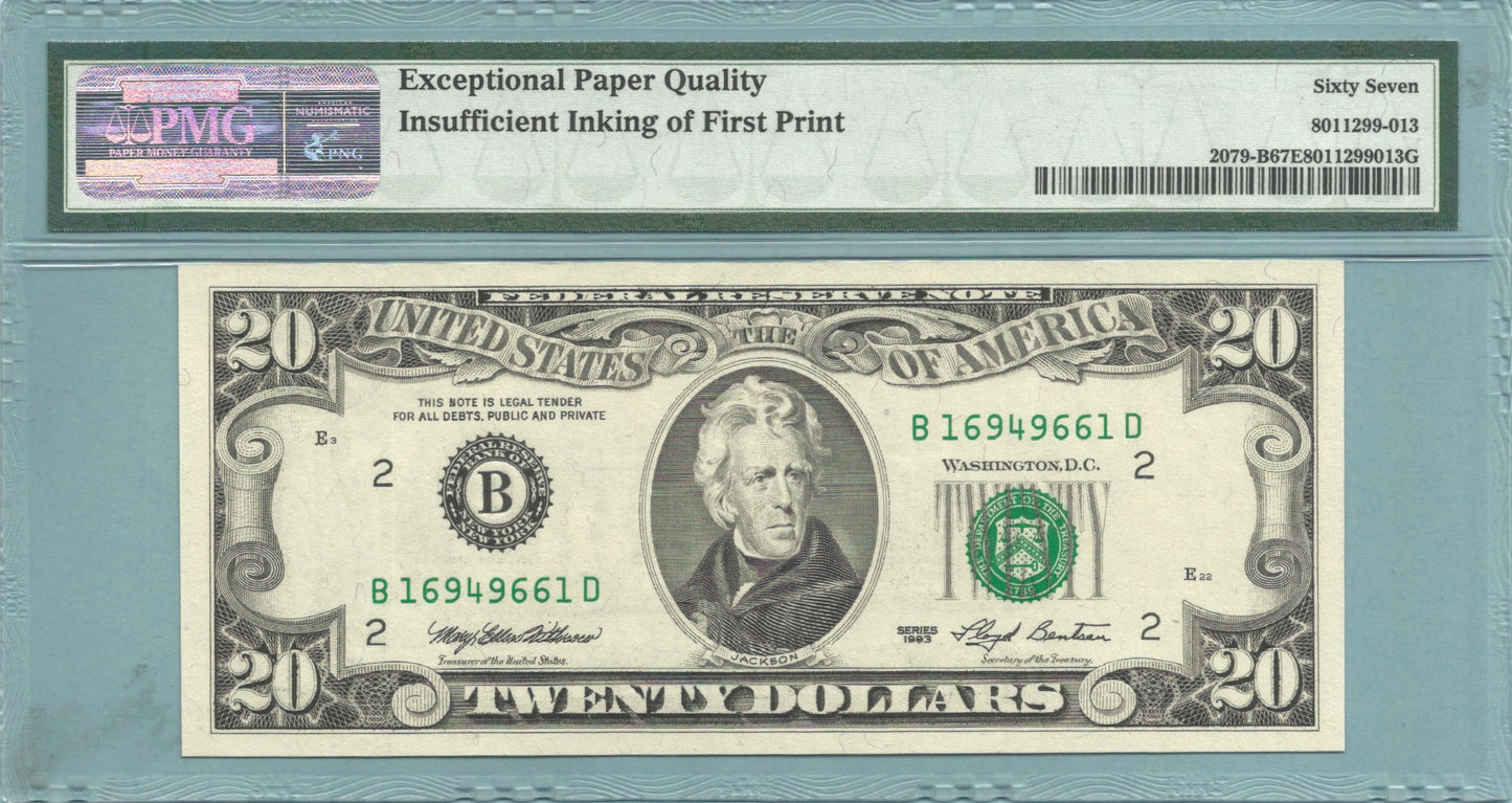 $20 Federal Reserve Note - 1993 - Error Note - PMG 67 EPQ - Insufficient Inking Error