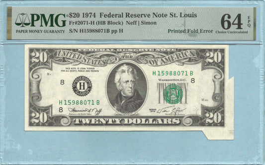 $20 FRN 1974 - ERROR NOTE - Fold Over Error - Fr#2071-H - PMG 64 EPQ