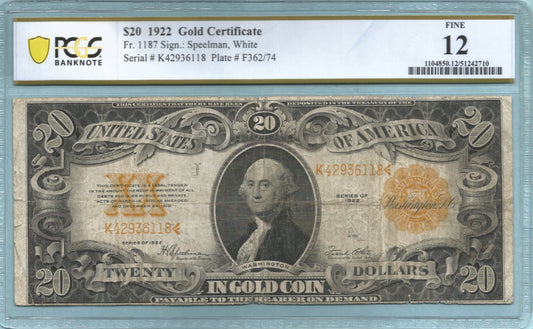 $20 Gold Certificate 1922 - Fr#1187 - PCGS 12