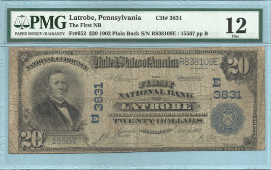 $20 National Currency 1902-PB - Ch#3831 - 1st NB, Latrobe, PA - PMG 12