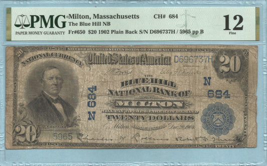 $20 National Currency 1902-PB - Ch#684 - Blue Hill NB, Milton, MA - PMG 12
