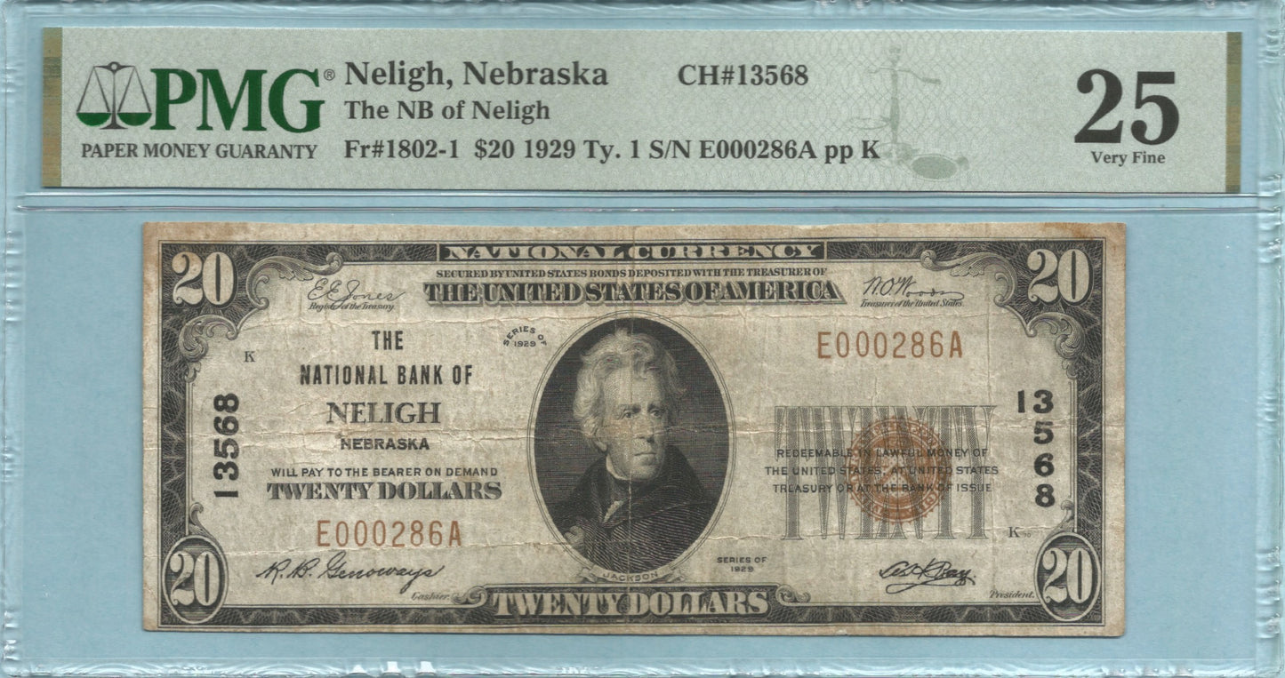 $20 National Currency 1929-T1 - Ch#13568 - National Bank, Neligh, NE - PMG 25