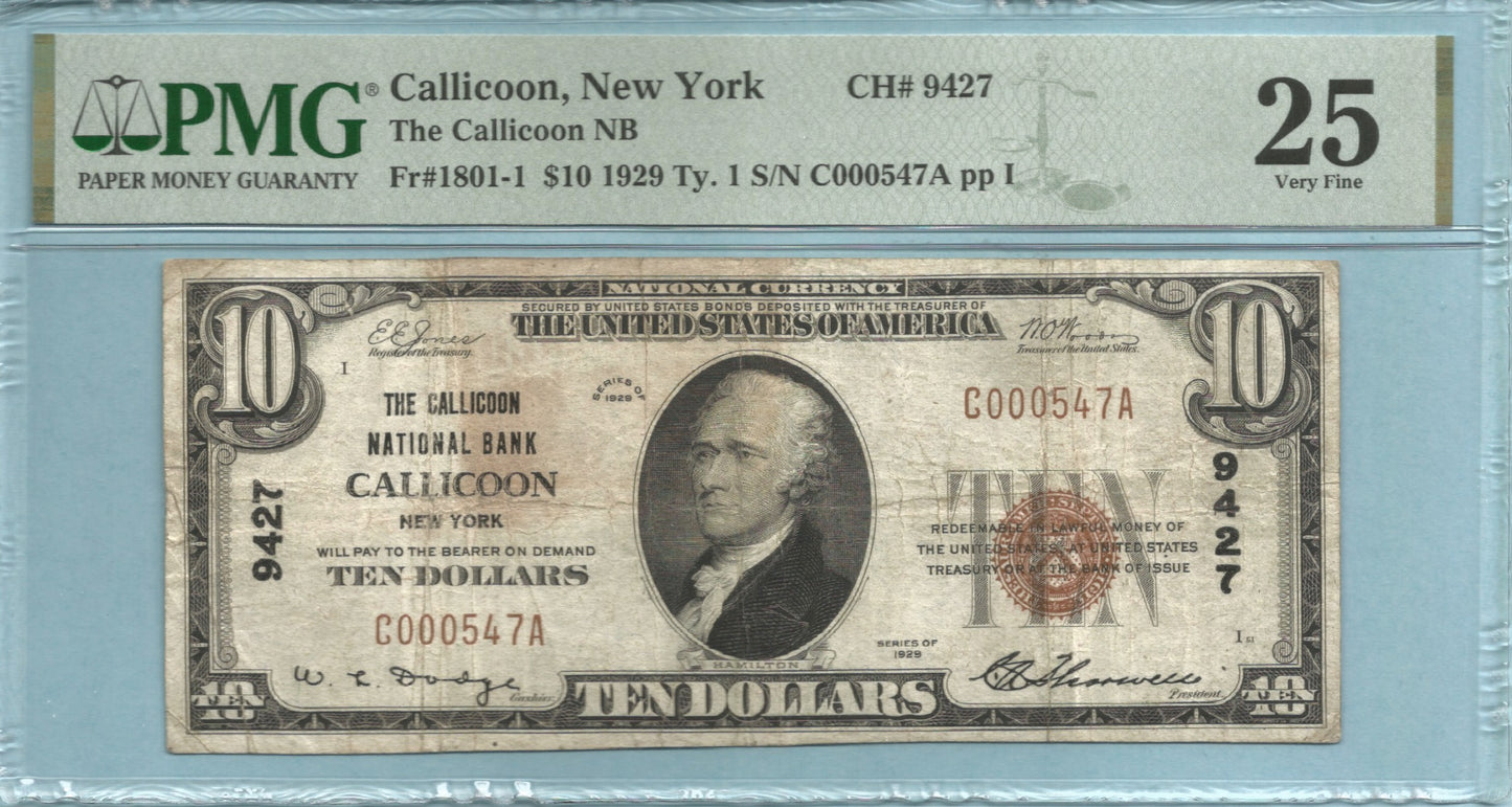 $10 National Currency 1929-T1 - Ch#9427 - Callicoon NB, Callicoon, NY - PMG 25